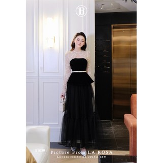 Áo Nhung Peplum Kèm Đai Phối Ren Sang Chảnh LA ROSA Kèm Chân Váy Lưới Xếp Ly Dài Tôn Dáng S1039