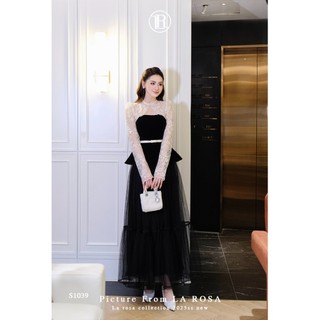 Áo Nhung Peplum Kèm Đai Phối Ren Sang Chảnh LA ROSA Kèm Chân Váy Lưới Xếp Ly Dài Tôn Dáng S1039
