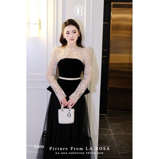 Áo Nhung Peplum Kèm Đai Phối Ren Sang Chảnh LA ROSA Kèm Chân Váy Lưới Xếp Ly Dài Tôn Dáng S1039