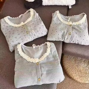 Bộ đồ ngủ cotton dành cho nữ mùa thu đông Áo len cardigan ren nhung dài tay phong cách Hàn Quốc Bộ