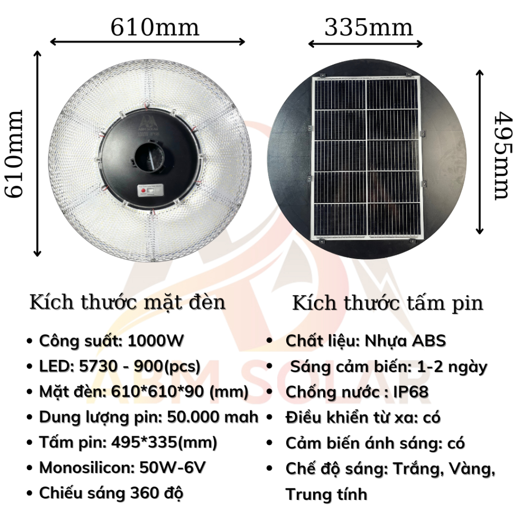 [100W] Đèn Năng Lượng Mặt Trời Sân Vườn, Đĩa Bay UFO Siêu Sáng, Chống nước IP 68, Cảm Biến Chuyển Động - ABM SOLAR