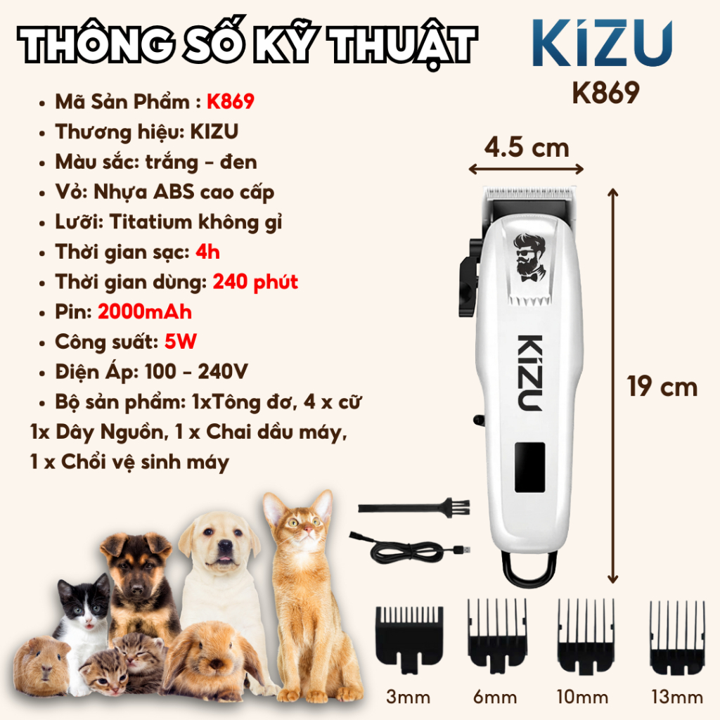Tăng Đơ Cắt Lông Chó Mèo Sắc Bén Kizu K869, Máy Cạo Lông Chó Mèo Không Ồn, Dễ Sử Dụng Vệ Sinh, An Toàn Cho Pet