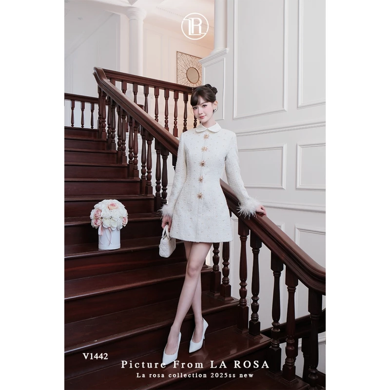 Váy Dạ Sơ Mi Dáng Chữ A Đính Tag Siêu Xinh LA ROSA Tay Phối Lông Sang Chảnh Phù Hợp Nhiều Dịp V1442 — ảnh 1