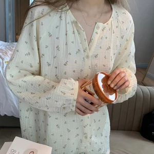 Đồ ngủ cotton đũi bộ đồ nữ ngọt ngào rộng rãi cổ vuông dài tay cổ vuông nổi tiếng trên mạn
