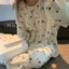 Đồ ngủ cotton đũi bộ đồ nữ ngọt ngào rộng rãi cổ vuông dài tay cổ vuông nổi tiếng trên mạn