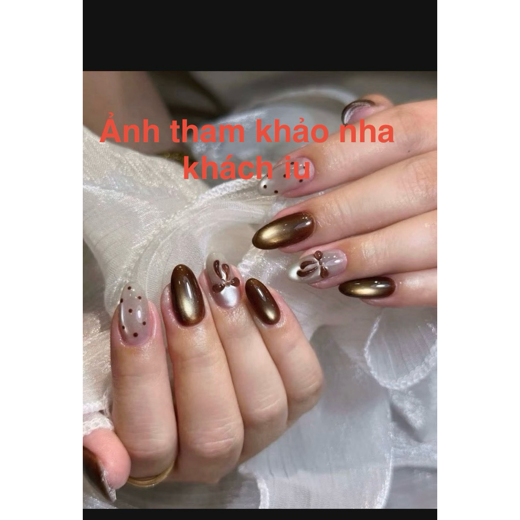 474. nailbox mắt mèo nâu, nude nơ vẽ nổi