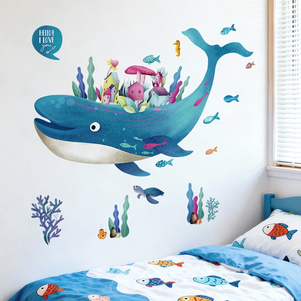 Decal Dán Tường Cá Voi Đại Dương Có Keo Sẵn 105x93cm - Trang Trí Không Gian Cho Bé