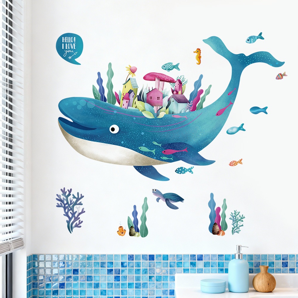 Decal Dán Tường Cá Voi Đại Dương Có Keo Sẵn 105x93cm - Trang Trí Không Gian Cho Bé