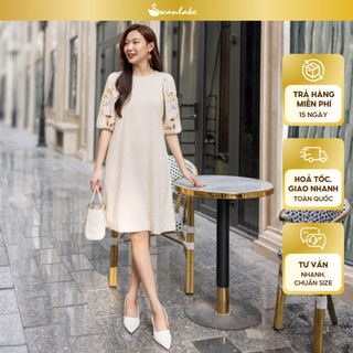 SWANLAKE | Váy Đầm Nữ Suông Vải Linen Thêu Hoa Đục Lỗ 3D Cổ Tròn Tay Bí Lỡ Có Túi Công Sở D11725