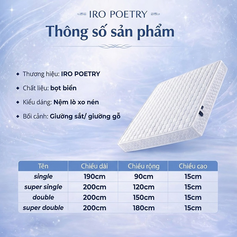 IRONPO Nệm Lò Xo Túi Độc Lập 15cm Kết Hợp 3 Tầng Foam Cao Su Êm Ái Chuẩn Hotel Cao Cấp