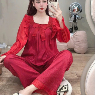 Bộ Đồ Ngủ Nữ JUSOKA Pijama Phối Voan Lụa Gắn Nơ Gấm Xước Ánh Kim Tiểu Thư Cao Cấp DD54