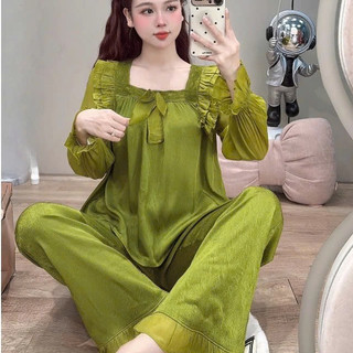 Bộ Đồ Ngủ Nữ JUSOKA Pijama Phối Voan Lụa Gắn Nơ Gấm Xước Ánh Kim Tiểu Thư Cao Cấp DD54