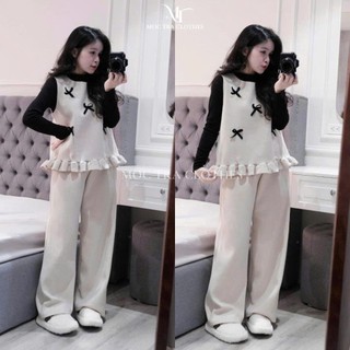 Set dạ 3 chi tiết Loại 1 thiết kế áo giữ nhiệt mix áo gile nơ và quần ống suông rộng siêu xinh