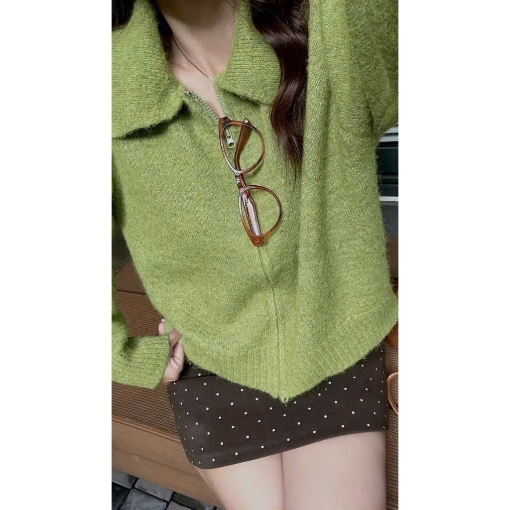 Áo len lông xù khóa kéo tay dài cổ bẻ dáng ngắn basic vintage TO MORE TOMORROW freesize tag Cừu