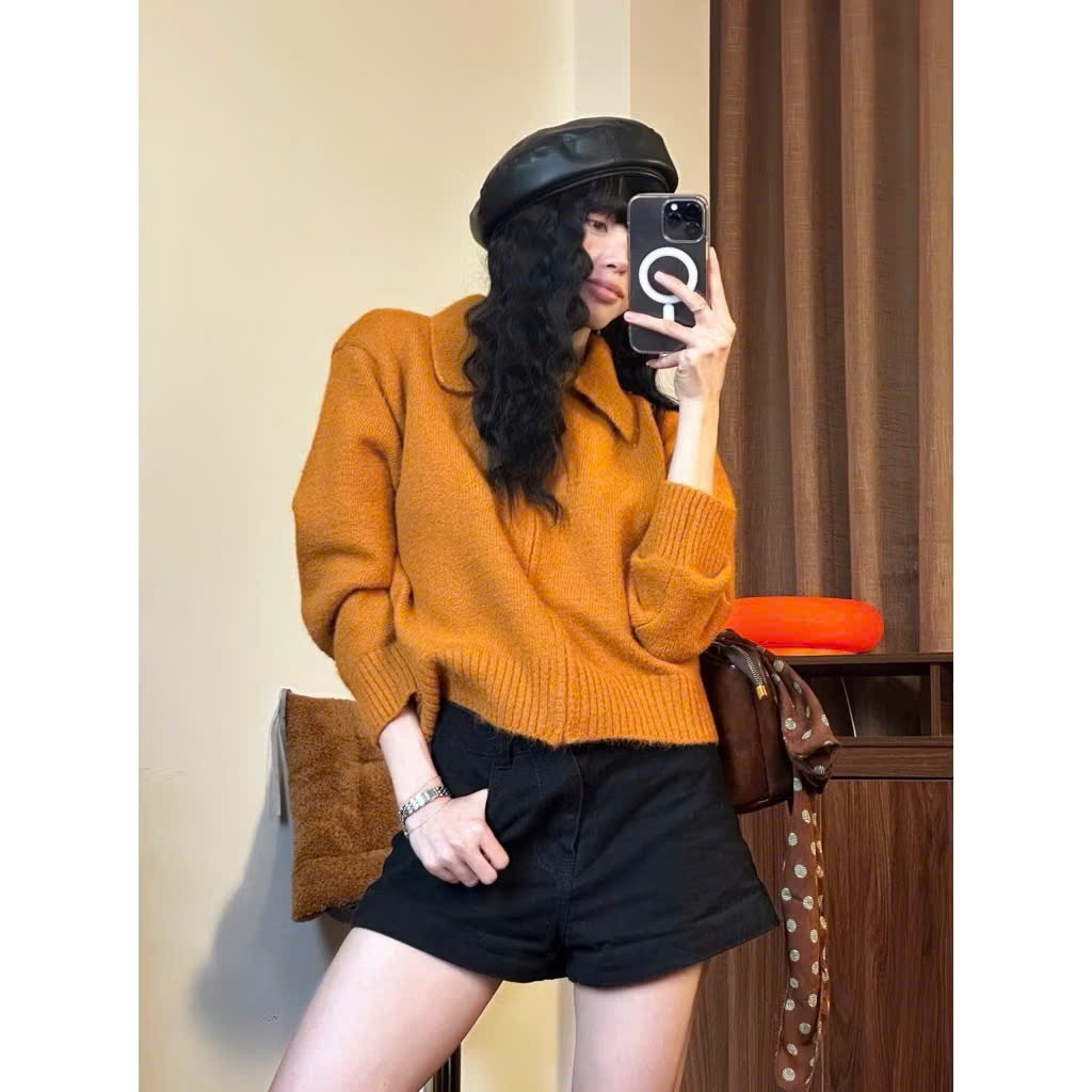 Áo len lông xù khóa kéo tay dài cổ bẻ dáng ngắn basic vintage TO MORE TOMORROW freesize tag Cừu