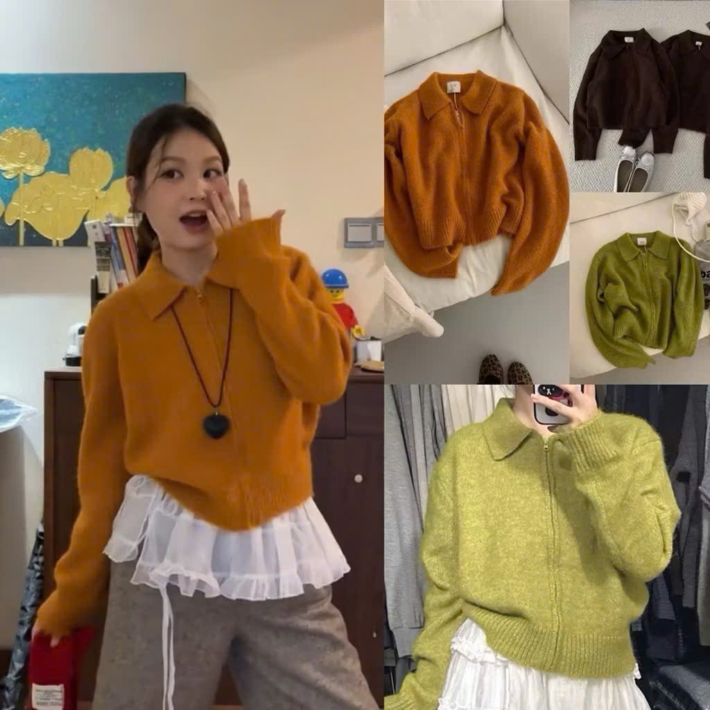 Áo len lông xù khóa kéo tay dài cổ bẻ dáng ngắn basic vintage TO MORE TOMORROW freesize tag Cừu