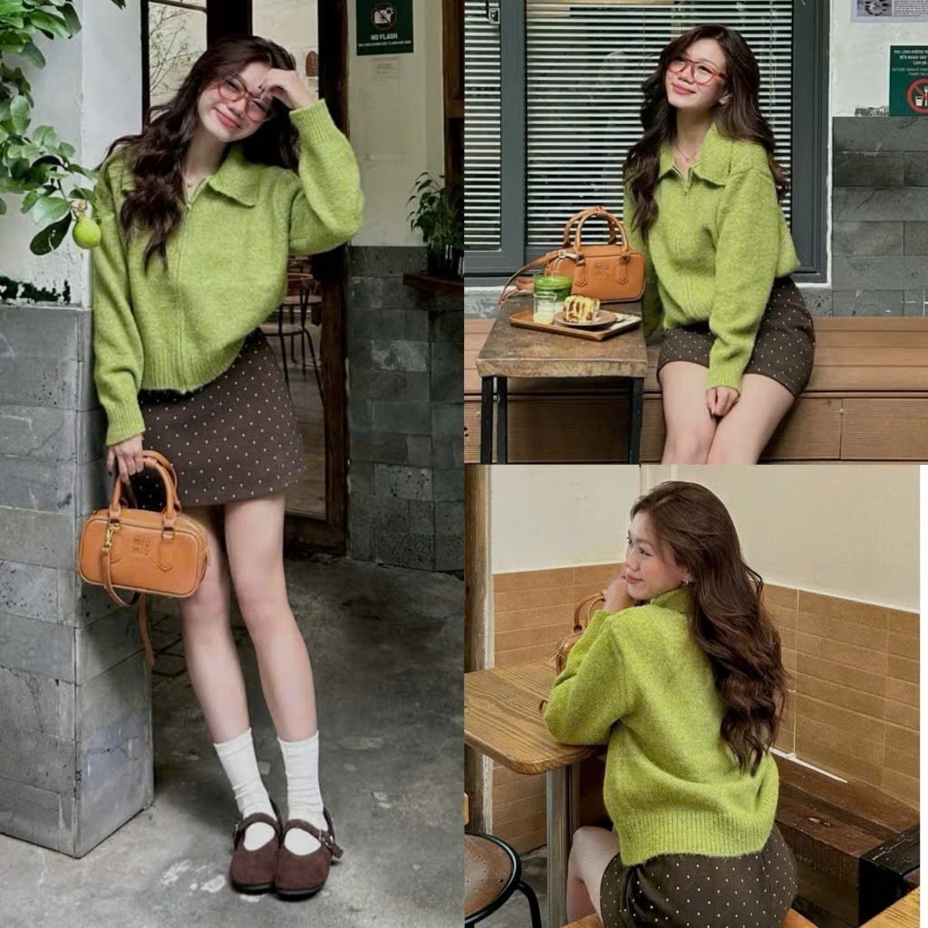 Áo len lông xù khóa kéo tay dài cổ bẻ dáng ngắn basic vintage TO MORE TOMORROW freesize tag Cừu