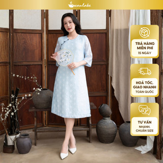 SWANLAKE | Váy Đầm Nữ Midi Cổ Tròn Tay Lỡ Vải Tơ Ép Hai Lớp Thêu Hoa Đính Nút Công Sở Tiệc D13237