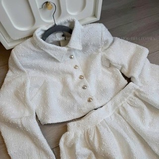 Set dạ tweed nhũ kim sa khuy lệch gồm áo dạ dài tay mix chân váy xoè ngắn tiểu thư siêu xinh