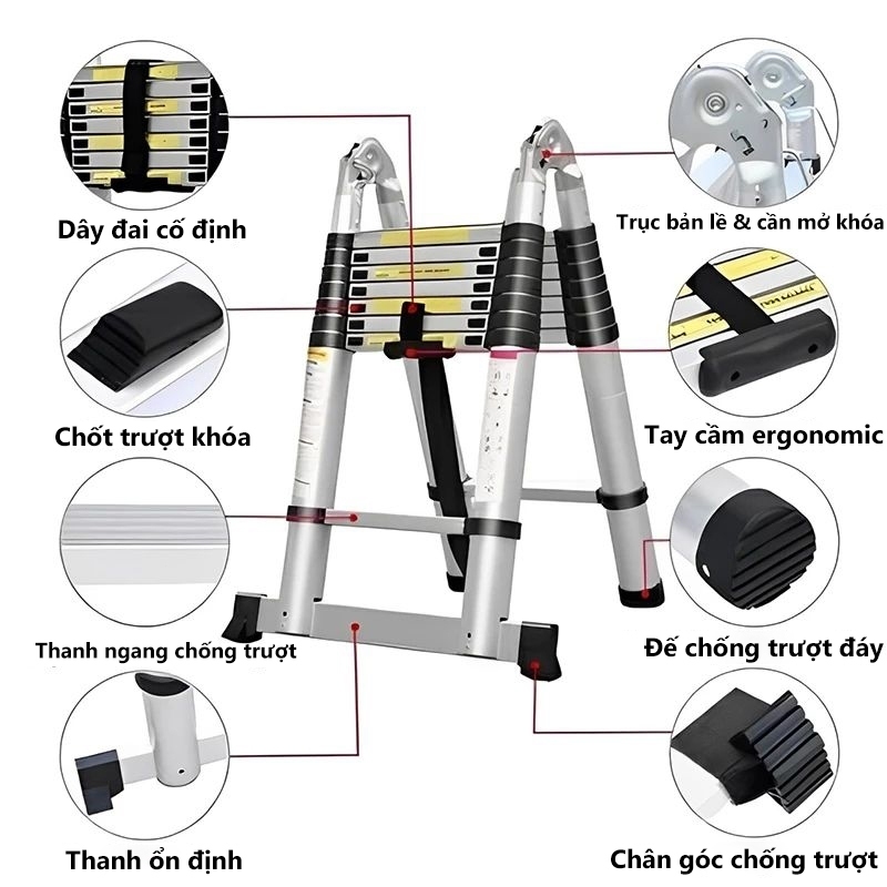 Thang Rút Nhôm Inox Chữ A Chữ I Nhập Khẩu Thang Rút Đôi Đơn Chất Liệu Nhôm Inox Tải trọng 600kg