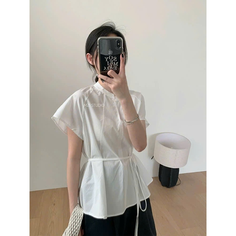 𝗗𝗮𝗿𝗮  A08- | LY LINEN| Áo Linen cổ tàu thắt nơ kèm dây