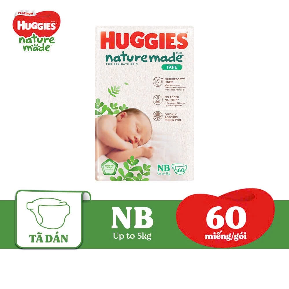 BỈM HUGGIES NATURE MADE CÁC SIZE NB60/S82/M64/L54/XL38/XXL26