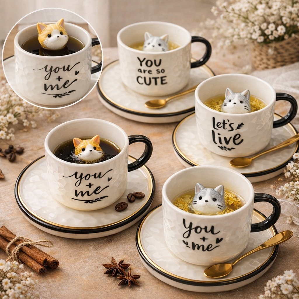 Cốc Sứ Có Mèo Nằm Trong Cốc Dễ Thương Kèm Đĩa Và Thìa – Ly Cafe Sáng Tạo Làm Quà Tặng Người Yêu Mèo