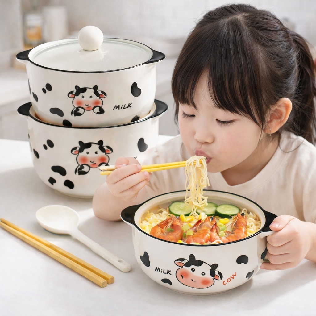 Tô Sứ Hình Bò Sữa 800ml Có Nắp – Tô Ăn Mì, Tô Cơm, Tô Cháo Dễ Thương, Giữ Nhiệt Tốt, An Toàn Lò Vi Sóng