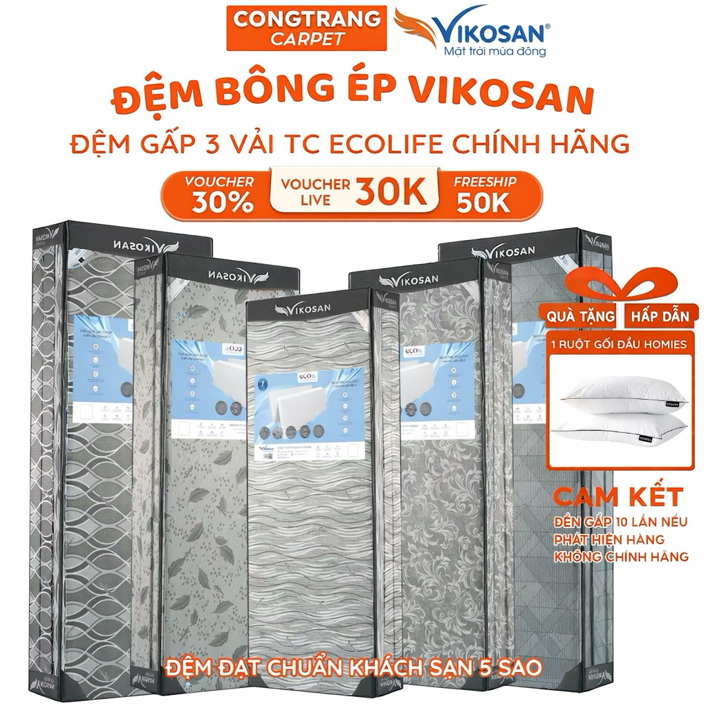 [tặng ruột gối] Đệm Bông Ép VIKOSAN ECOLIFE Vải TC, Nệm Bông Tinh Khiết - Kháng Khuẩn, Chống Dị Ứng