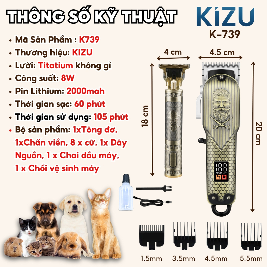 Tông Đơ Cắt Tỉa Cạo Lông Chó Mèo Không Dây Kizu739, Máy Cạo Lông Thú tặng Máy Tỉa Lông Kẽ Bàn Chân
