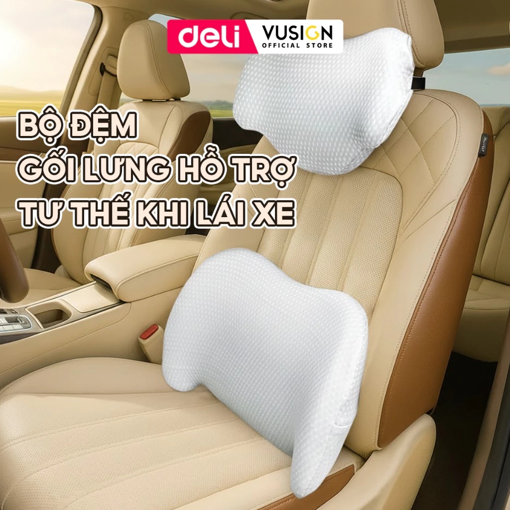 Set đệm lưng tựa đầu xe hơi Deli chống mỏi cổ, giảm đau vai gáy, cao su non cao cấp, dễ dàng tháo vệ sinh