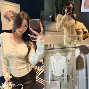 TRIANGLE - Lace blouse (Cân nhắc kỹ, return is not welcomed) - Áo ren dài tay 2 lớp phong cách thanh lịch, sang chảnh