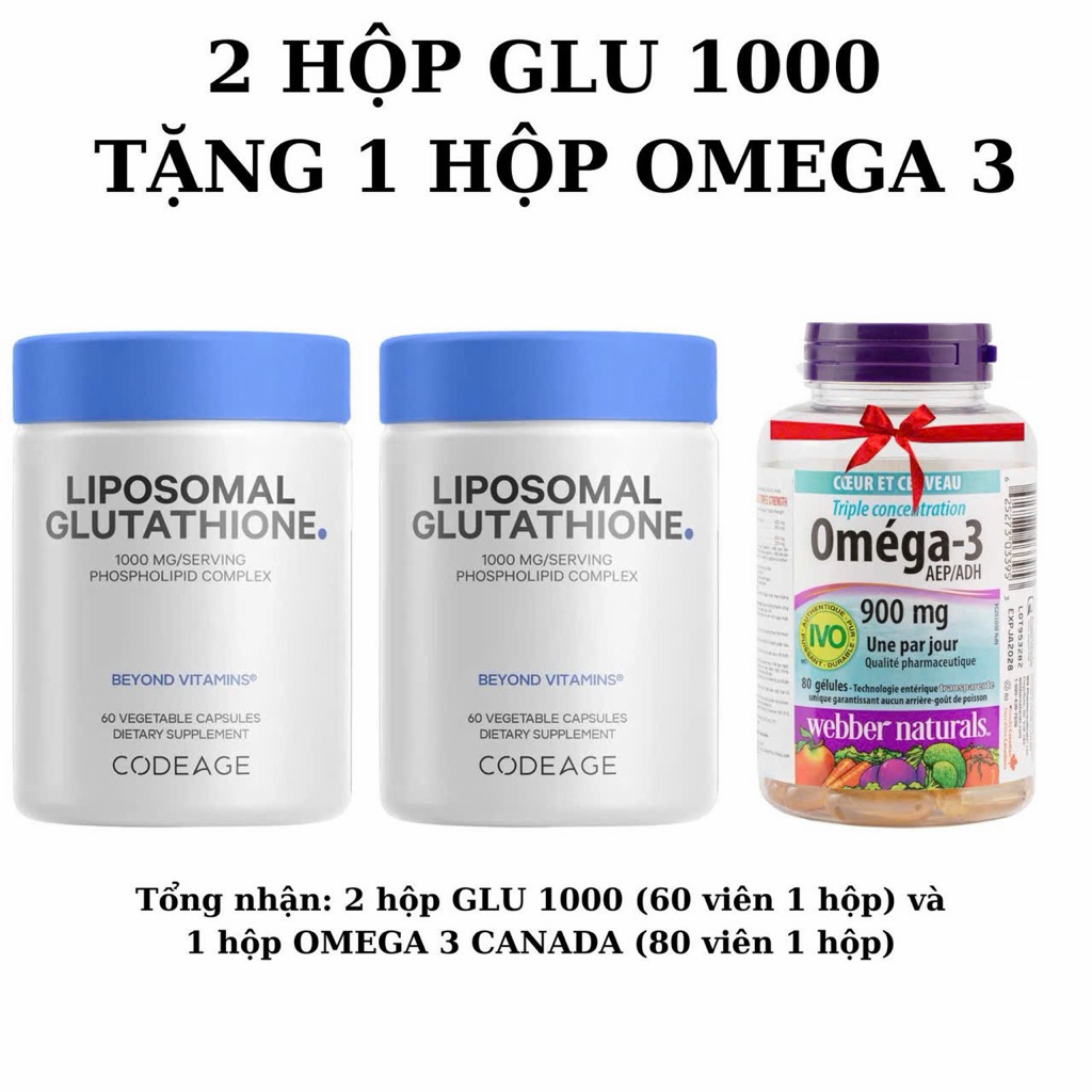 viên uống glutathione 1000mg 1 GLU 1000 + OMEGA CANADA 80 VIÊN) Viên uống Glutathione 1000mg Codeage 60  viên ( và 1 Hộp Omega 3 Webber Natural)