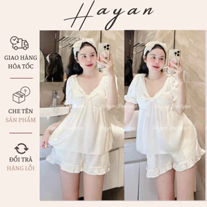 HT697 Bộ pijama cổ vuông tay bồng kèm ĐỆM LÓT, set đồ ngủ lụa nơ ngực dáng xoè tôn dáng HT697 MÚT