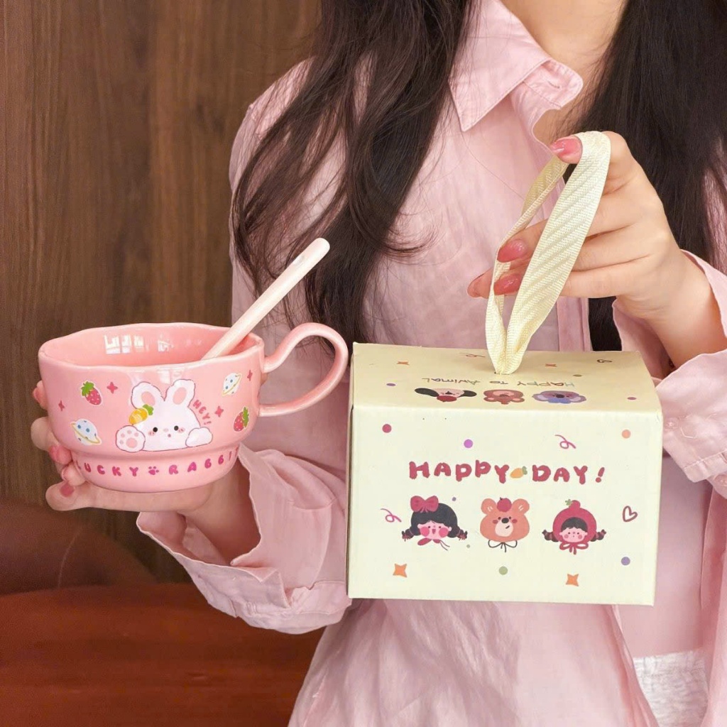 Ly cốc sứ uống nước màu pastel có muỗng sứ và hộp quà đi kèm làm quà tặng sinh nhật dễ thương-WB 01