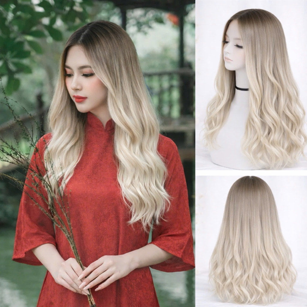 TÓC GIẢ LƯỚI HOA OMBRE NÂU KHÓI BẠCH KIM SÀNH ĐIỆU DIỆN LỄ, ÁO DÀI CỰC NỔI BẬT ĐỘ DÀI 50-55CM TẶNG LƯỚI TRÙM