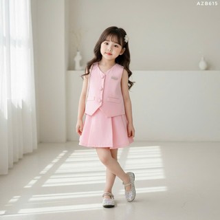 Set Ghi Lê Vest Bé Gái Cao Cấp AZB615 – Vest Khaki Mềm Lót Lụa Kèm Quần Giả Váy Xếp Ly, Tặng Cài Áo