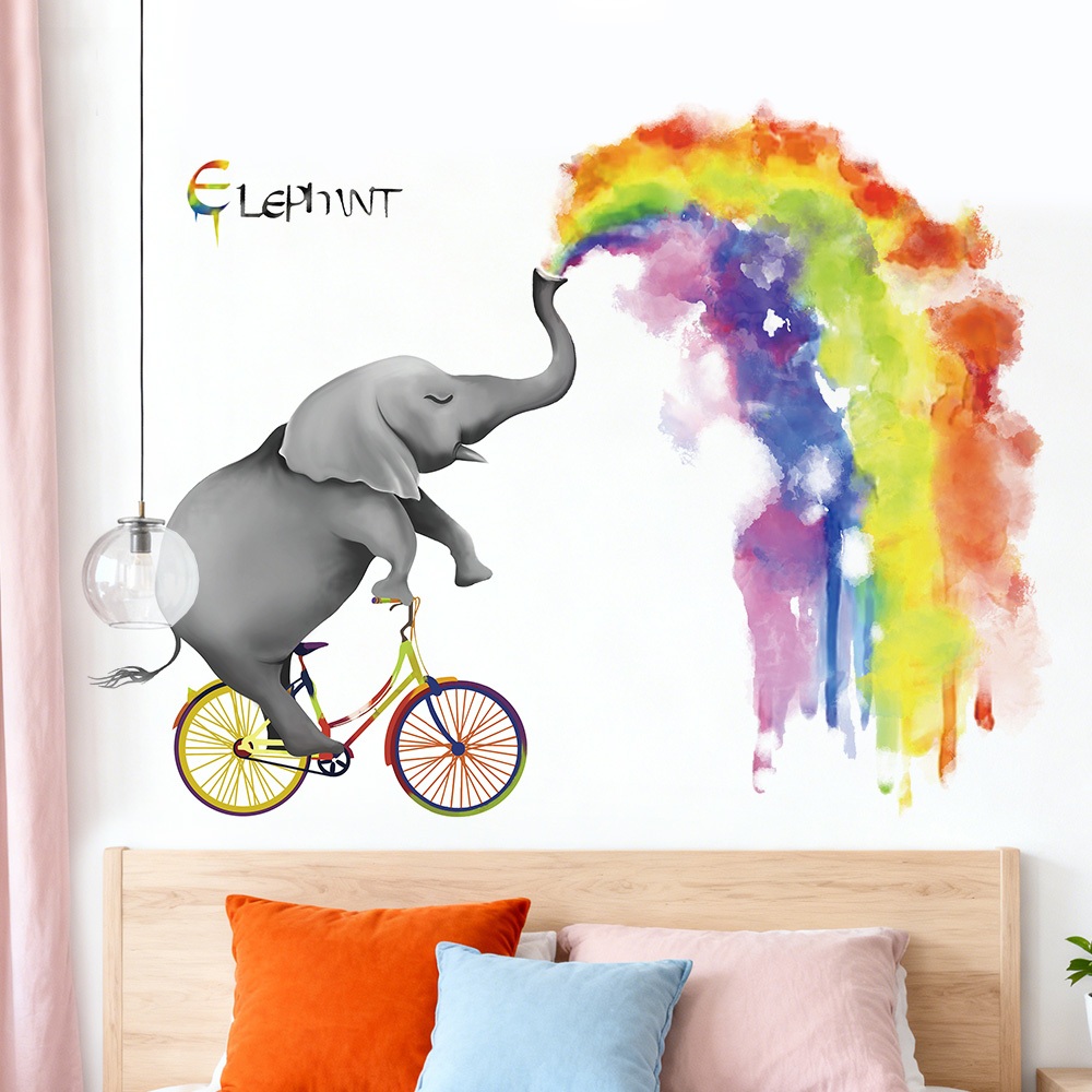 Decal Dán Tường Chú Voi Cầu Vồng Sắc Màu Có Keo Sẵn 133x104cm – Trang Trí Phòng Bé