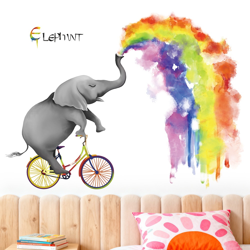 Decal Dán Tường Chú Voi Cầu Vồng Sắc Màu Có Keo Sẵn 133x104cm – Trang Trí Phòng Bé