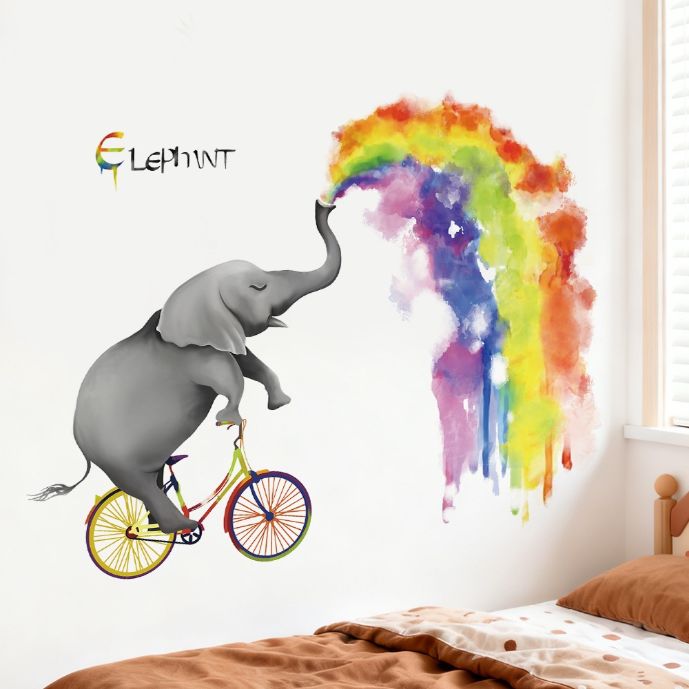 Decal Dán Tường Chú Voi Cầu Vồng Sắc Màu Có Keo Sẵn 133x104cm – Trang Trí Phòng Bé