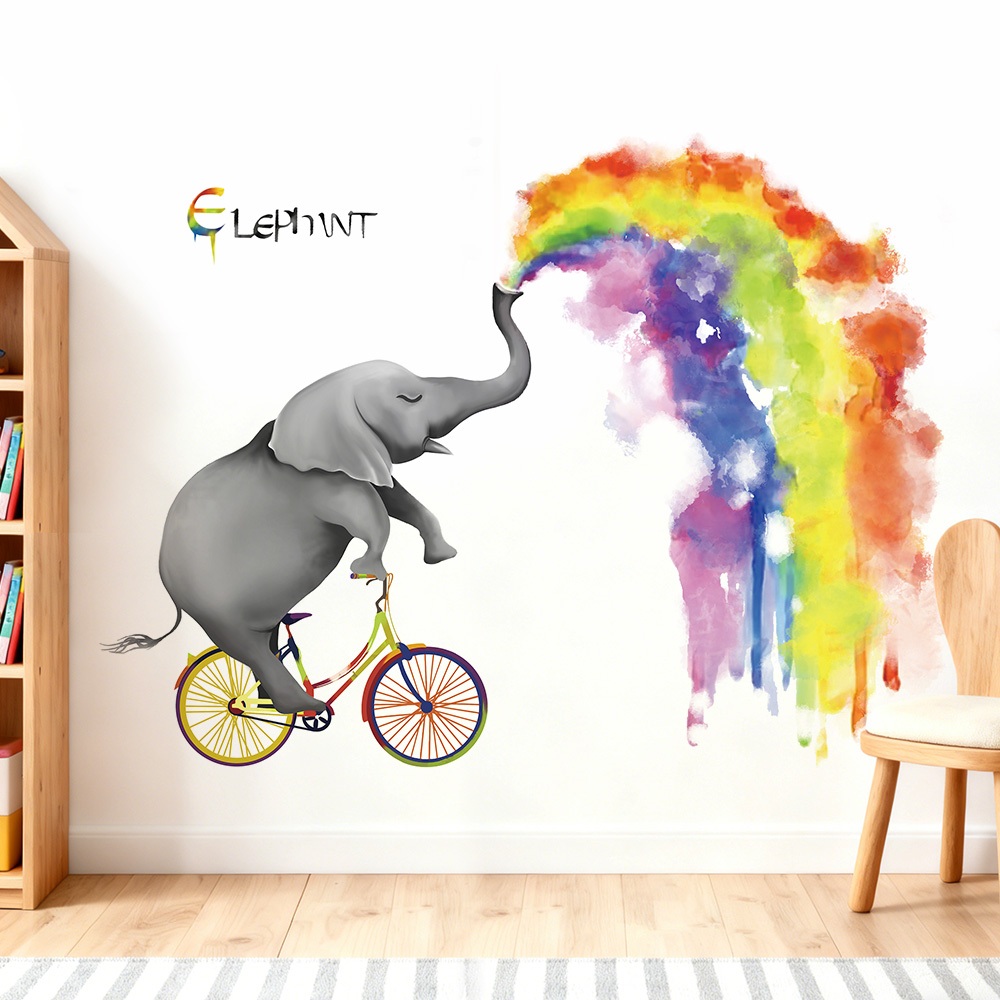 Decal Dán Tường Chú Voi Cầu Vồng Sắc Màu Có Keo Sẵn 133x104cm – Trang Trí Phòng Bé