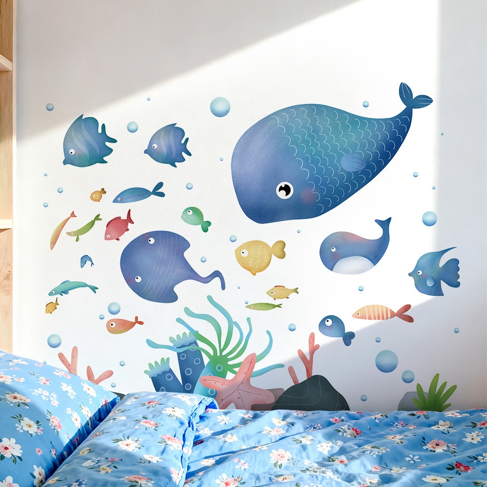 Decal Dán Tường Đàn Cá Dưới Lòng Đại Dương Có Keo Sẵn 106x84cm – Trang Trí Phòng Cho Bé