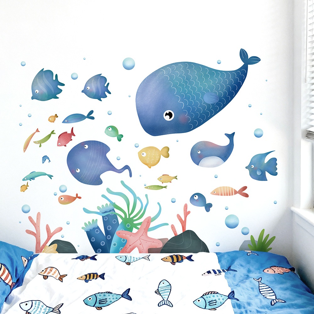 Decal Dán Tường Đàn Cá Dưới Lòng Đại Dương Có Keo Sẵn 106x84cm – Trang Trí Phòng Cho Bé