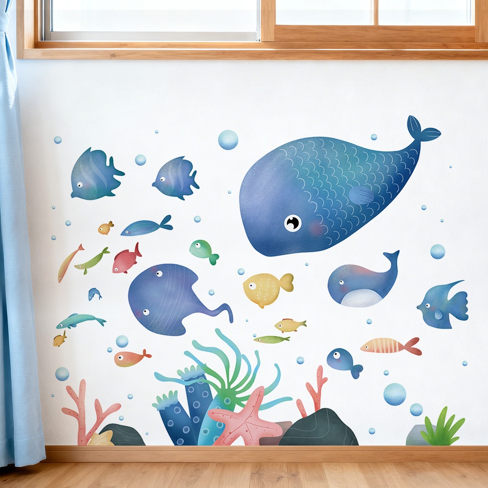 Decal Dán Tường Đàn Cá Dưới Lòng Đại Dương Có Keo Sẵn 106x84cm – Trang Trí Phòng Cho Bé