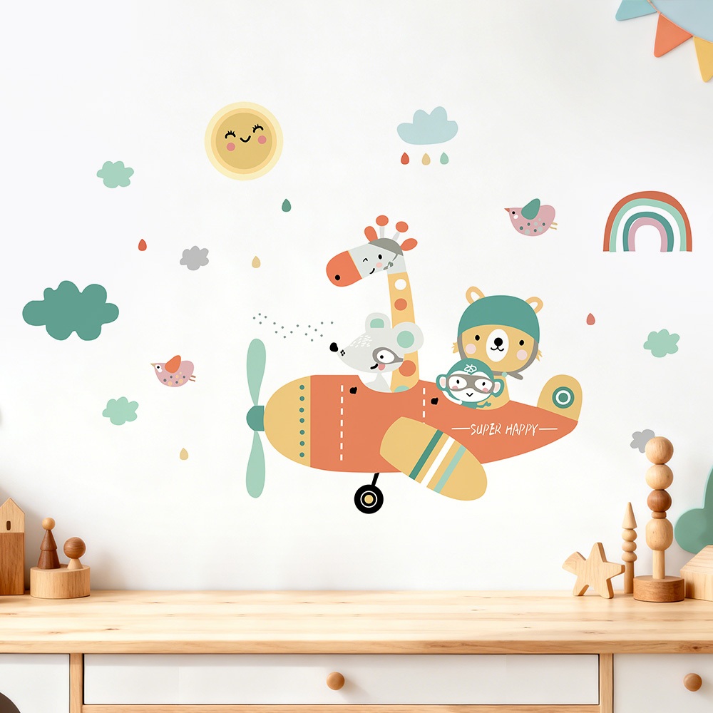Decal Dán Tường Động Vật Lái Máy Bay Có Keo Sẵn 135x84cm – Trang Trí Phòng Bé Đáng Yêu Ngộ Nghĩnh