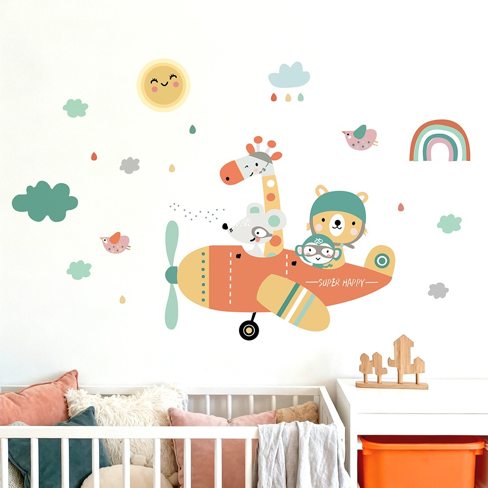 Decal Dán Tường Động Vật Lái Máy Bay Có Keo Sẵn 135x84cm – Trang Trí Phòng Bé Đáng Yêu Ngộ Nghĩnh