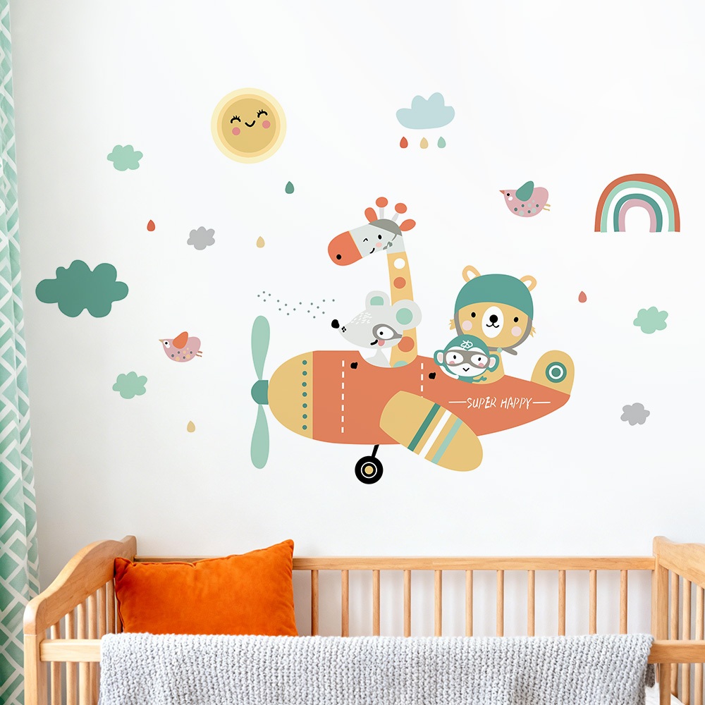 Decal Dán Tường Động Vật Lái Máy Bay Có Keo Sẵn 135x84cm – Trang Trí Phòng Bé Đáng Yêu Ngộ Nghĩnh
