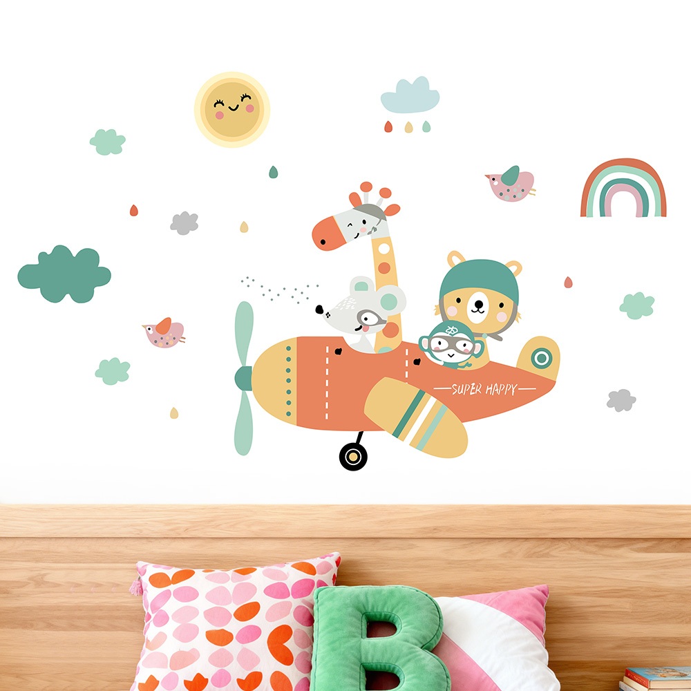 Decal Dán Tường Động Vật Lái Máy Bay Có Keo Sẵn 135x84cm – Trang Trí Phòng Bé Đáng Yêu Ngộ Nghĩnh