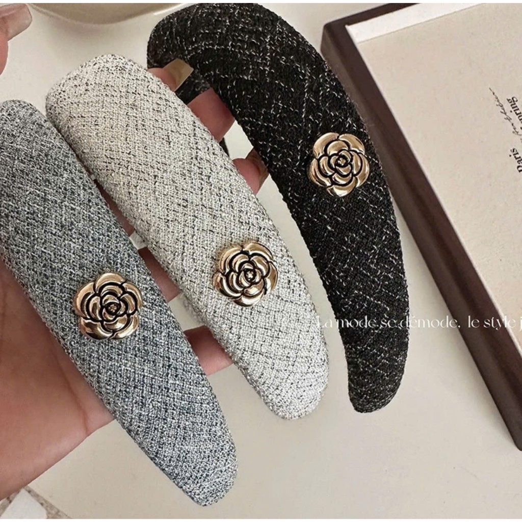 Băng Đô Cài Tóc Nữ Vải Tweed Cao Cấp Đính Hoa Kim Loại – Phụ Kiện Tóc Sang Trọng, Thanh Lịch