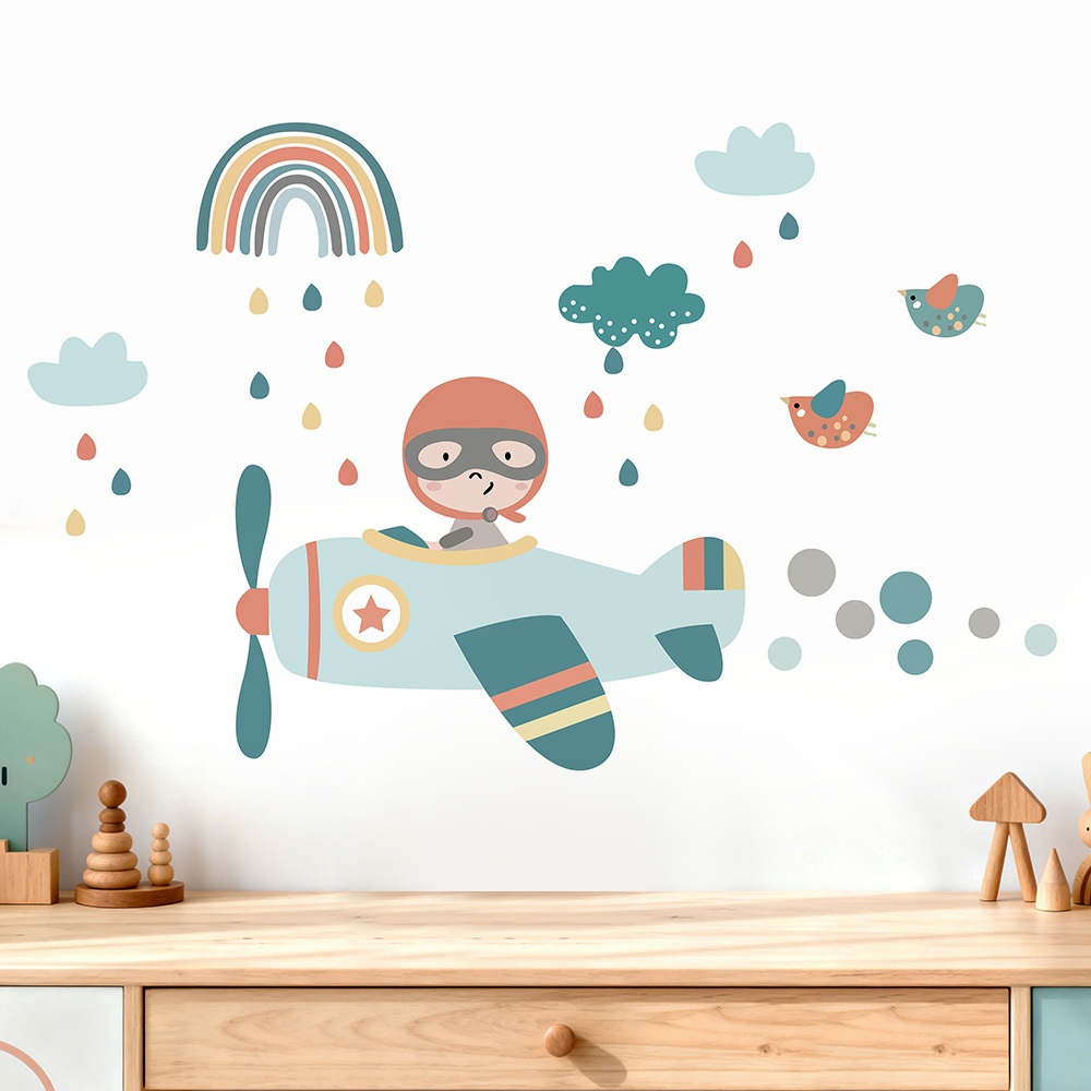 Decal Dán Tường Phi Công Nhí Du Hành Bầu Trời Có Keo Sẵn 143x90cm - Trang Trí Phòng Ngủ